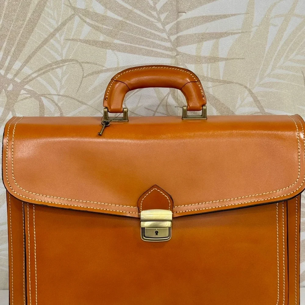 Classic Tan Leather Briefcase - Men Bags
